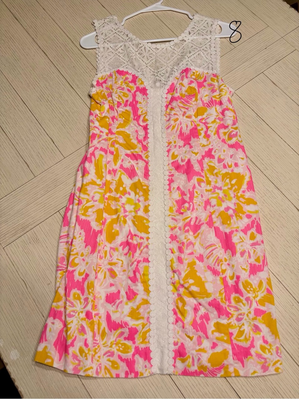 Lilly Pulitzer Pink, Yellow & White Floral Crochet Yoke Sleeveless Dress